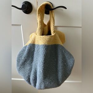 NWOT beautifully crafted crochet cotton boho bag in spring blue & yellow